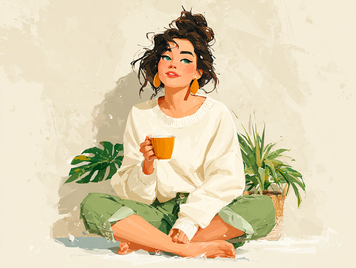 Pessoa com aparência saudável consumindo alimentos naturais e vestindo roupas confortáveis, representando prevenção e recuperação da candidíase cutânea de forma natural.