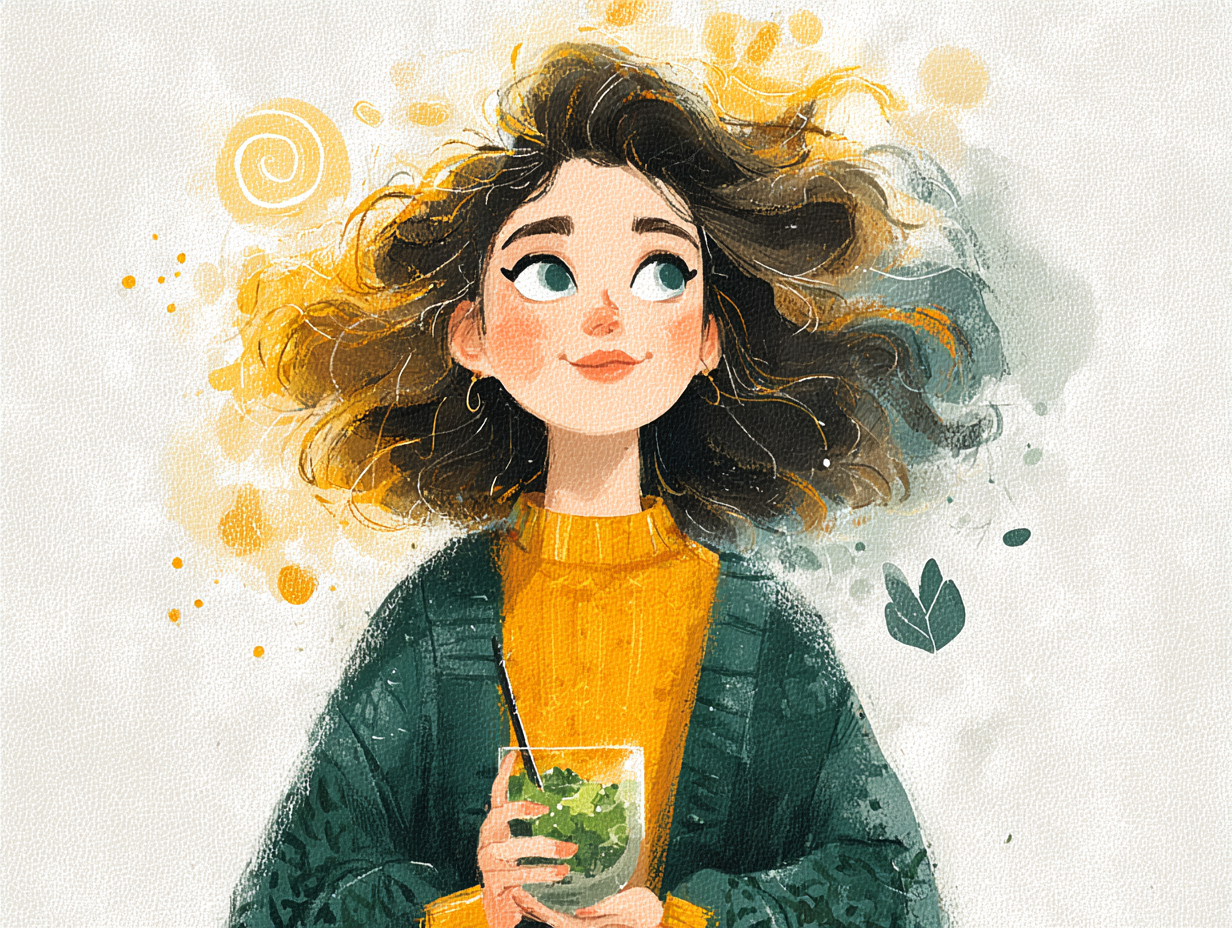 Ilustração de uma mulher feliz com alimentação saudável e símbolos de intestino equilibrado e imunidade forte, representando prevenção funcional contra a candidíase.