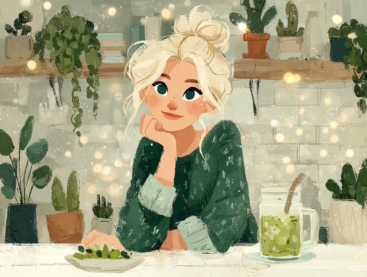 Mulher loira sentada à mesa com chá e salada, representando hábitos que ajudam a prevenir a candidíase leve.