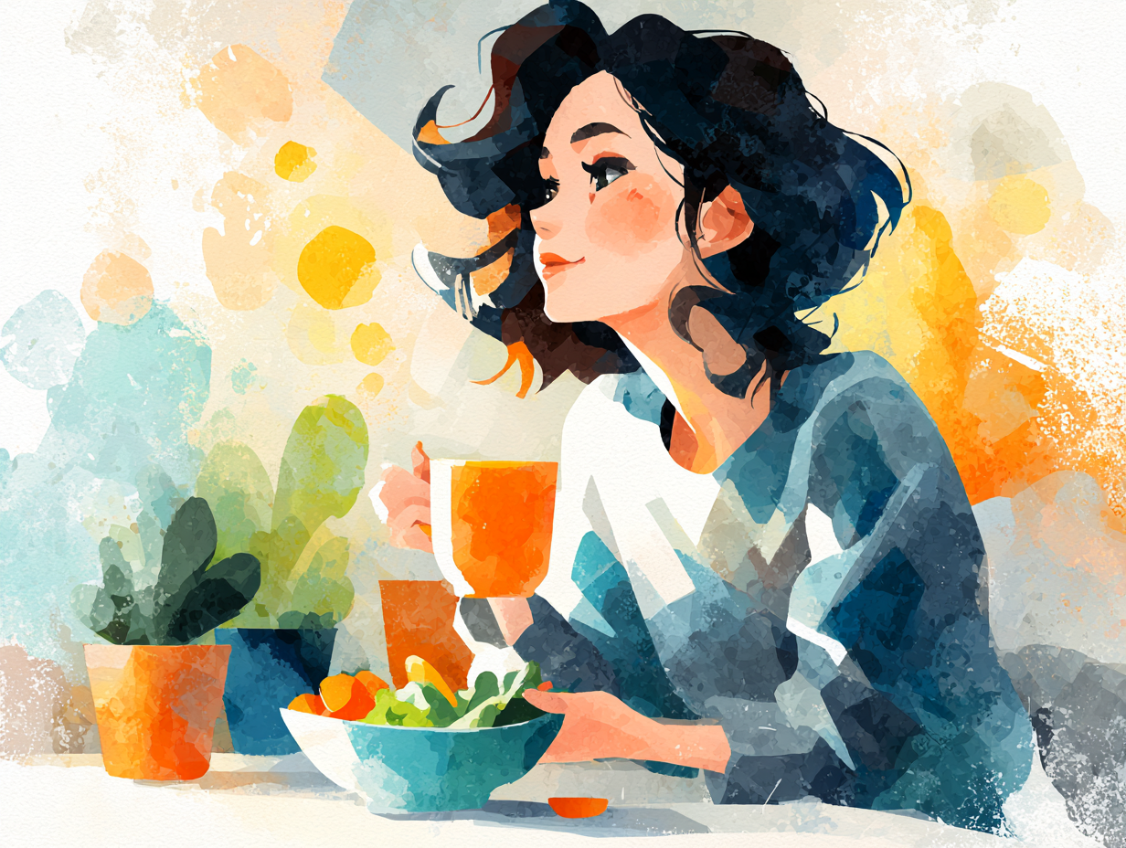 Mulher sorridente consumindo alimentos saudáveis como forma de prevenir a candidíase e fortalecer a microbiota.