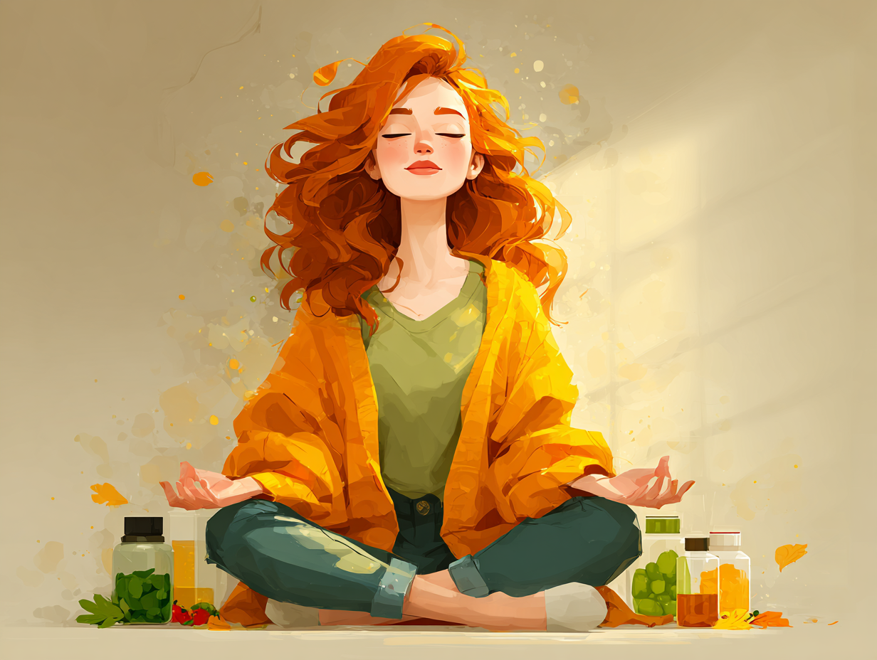Mulher ruiva meditando em posição de lótus com aura dourada e semblante sereno, rodeada de alimentos saudáveis e suplementos naturais para prevenção da candidíase.