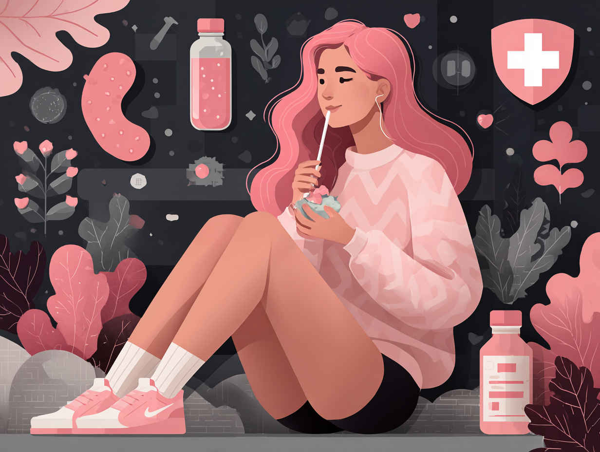 Ilustração de pessoa se alimentando de forma saudável com suporte imunológico para prevenir candidíase