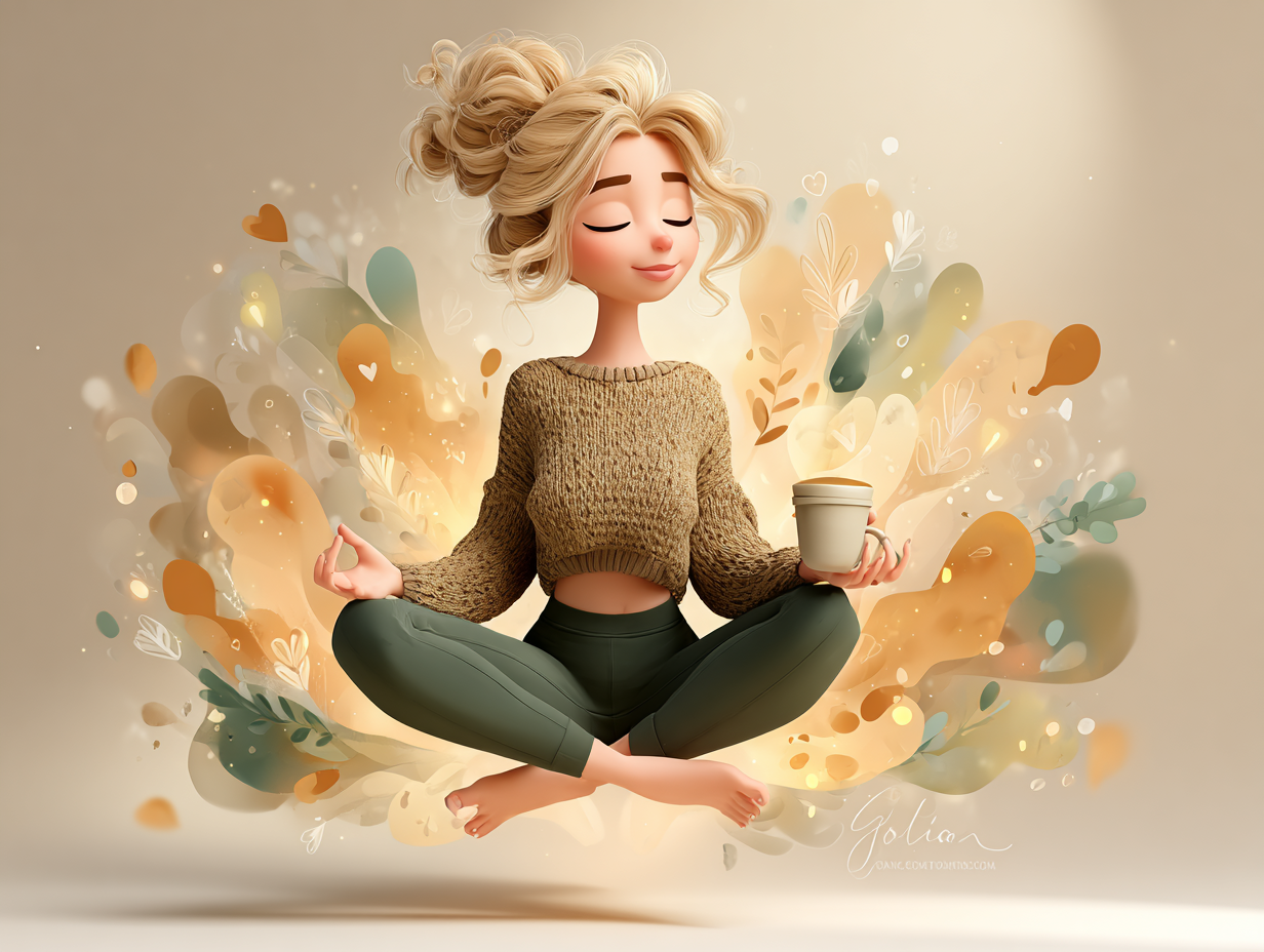 ilustração de uma mulher meditando e vivendo uma vida saudável para o controle do estresse, sabendo sobre a influência direta da candidíase e estresse.