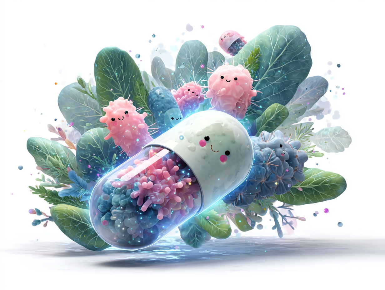 Cápsulas de probióticos animadas interagindo com bactérias benéficas e restaurando a microbiota, simbolizando recuperação e equilíbrio da flora íntima.