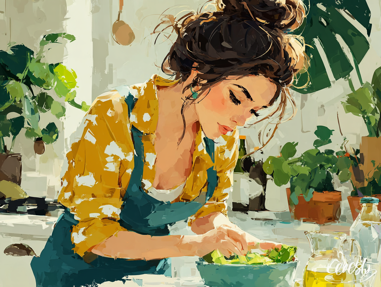 Mulher preparando alimentos saudáveis e naturais como parte do cuidado com a candidíase intestinal, ambiente acolhedor e iluminado.