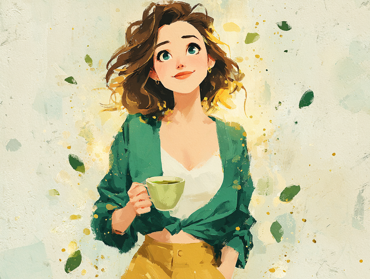 Mulher de cabelo castanho tomando chá, com aura dourada na pelve, simbolizando recuperação plena após candidíase tratamento com suporte natural.