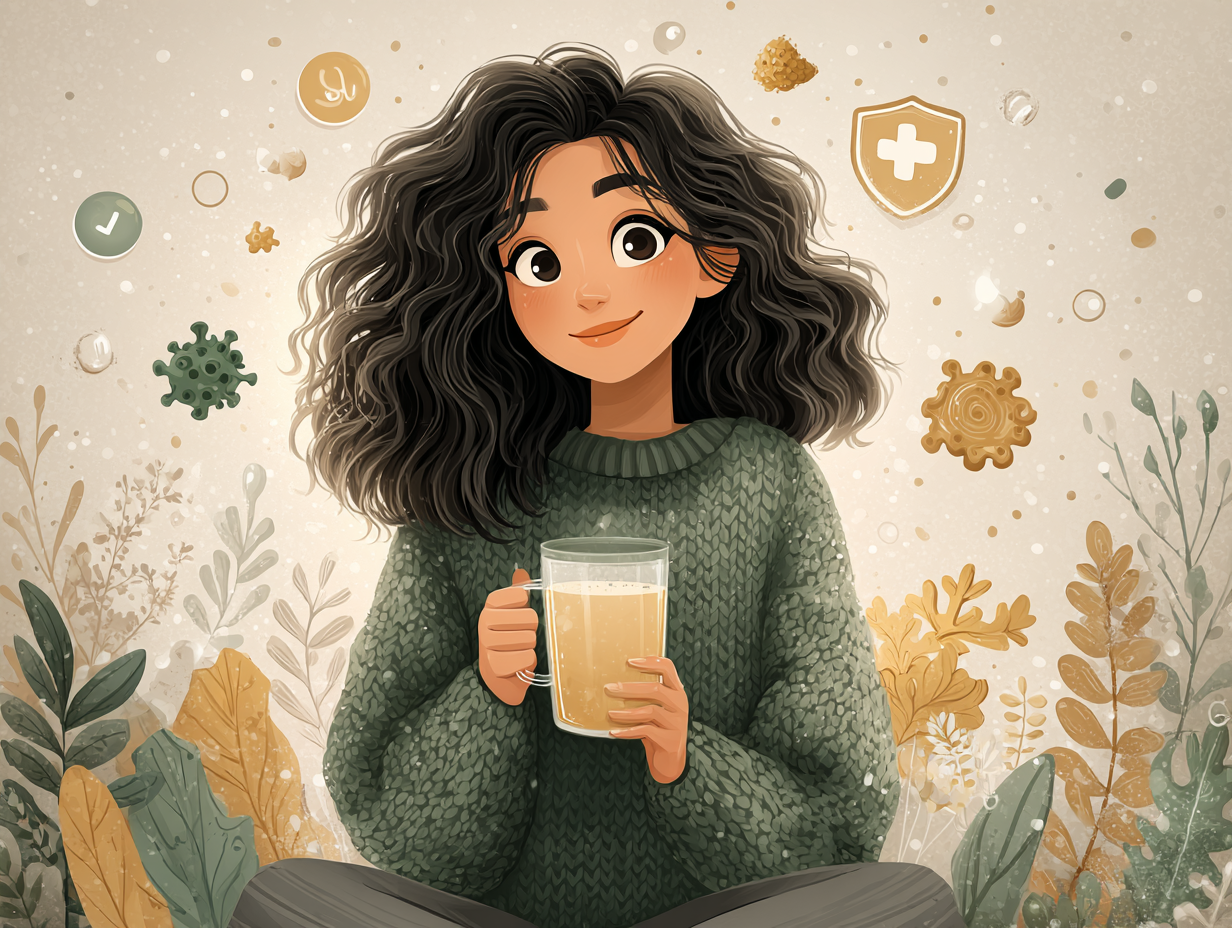 Mulher sorrindo em processo de recuperação da candidíase, com alimentos saudáveis e ícones de imunidade ao redor.