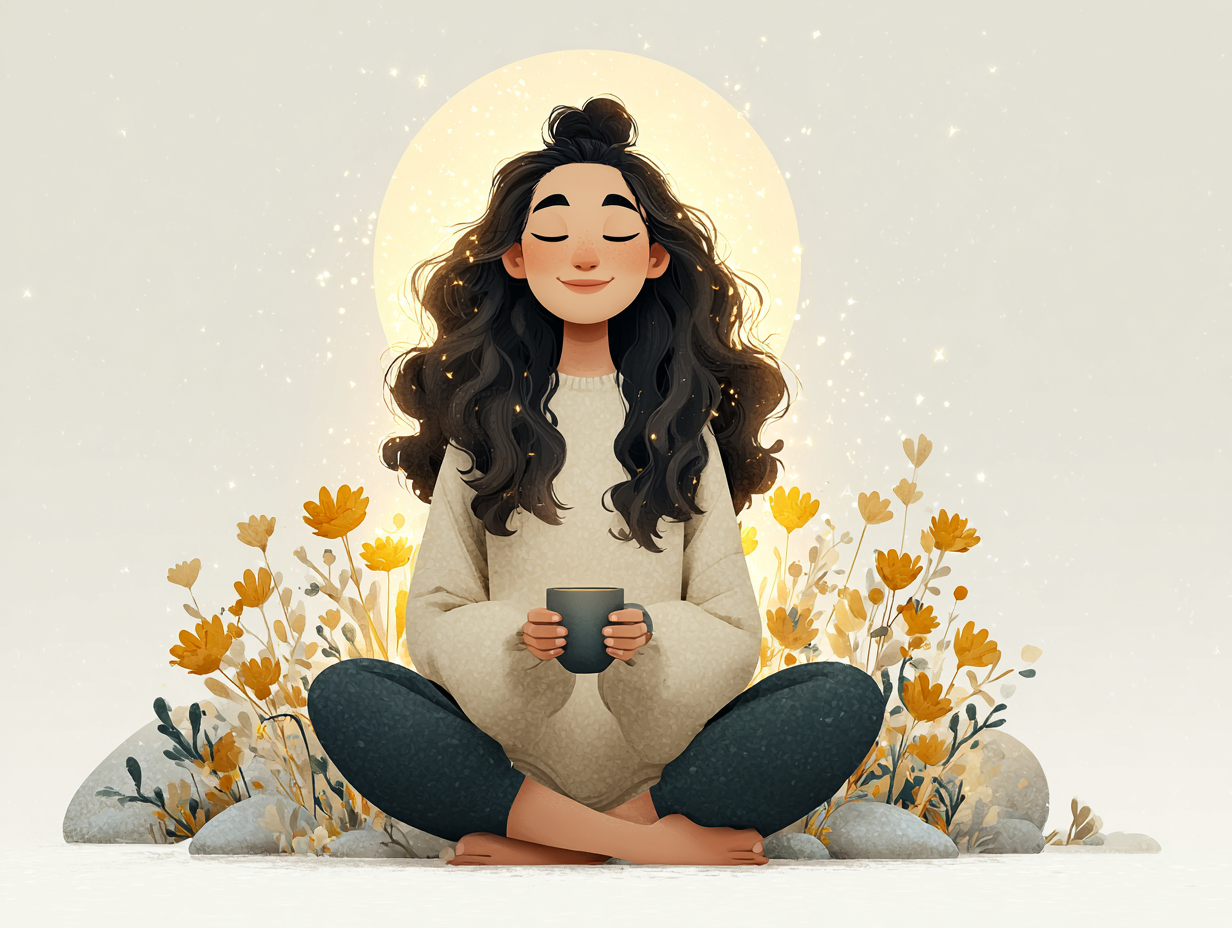 Ilustração flat de mulher feliz tomando chá, com luz dourada na região pélvica e ao redor, simbolizando que ela soube como tratar a candidíase em casa com sucesso.