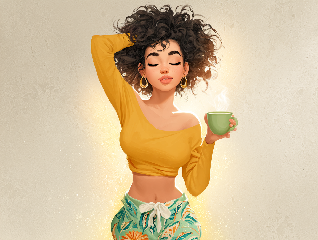 Mulher negra sorrindo, segurando uma xícara de chá, com expressão serena e aura dourada ao redor do abdômen, representando saúde, equilíbrio emocional e recuperação natural da candidíase.