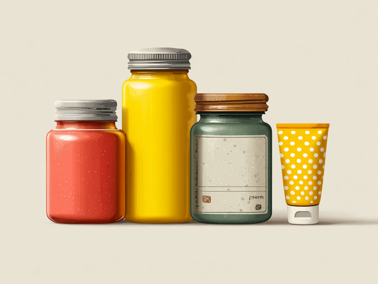 Ilustração flat de pomada, remédios farmacêuticos e suplemento natural intercalados, representando tratamentos para candidíase