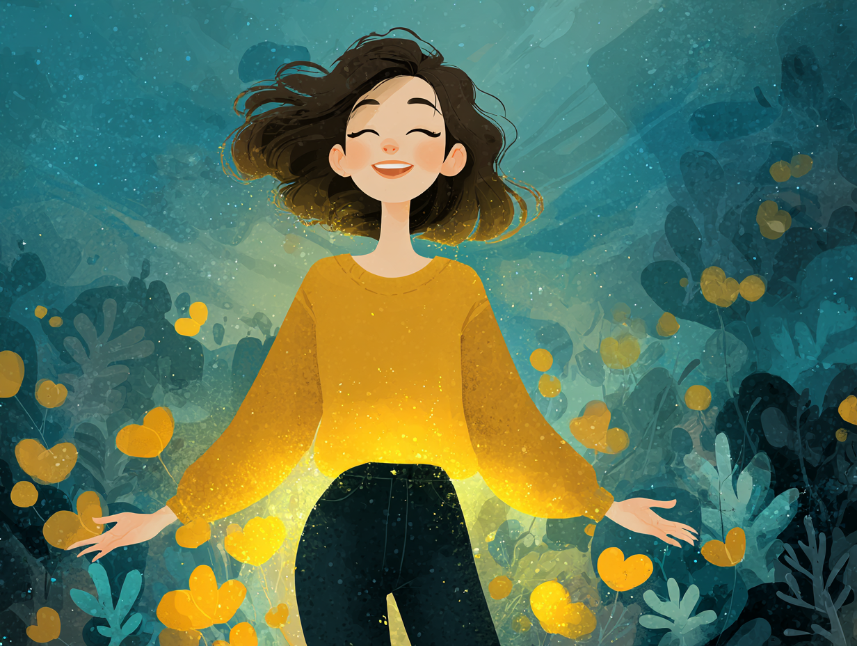 Ilustração de uma mulher feliz, sorridente e com brilho dourado na região pélvica, simbolizando saúde íntima equilibrada e ausência de candidíase.