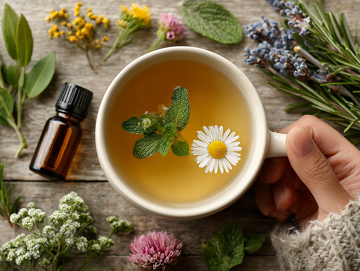 Foto real de uma xícara de chá cercada por ervas antifúngicas como camomila, orégano, hibisco, alecrim e folhas de goiabeira, representando os 7 melhores chás para candidíase