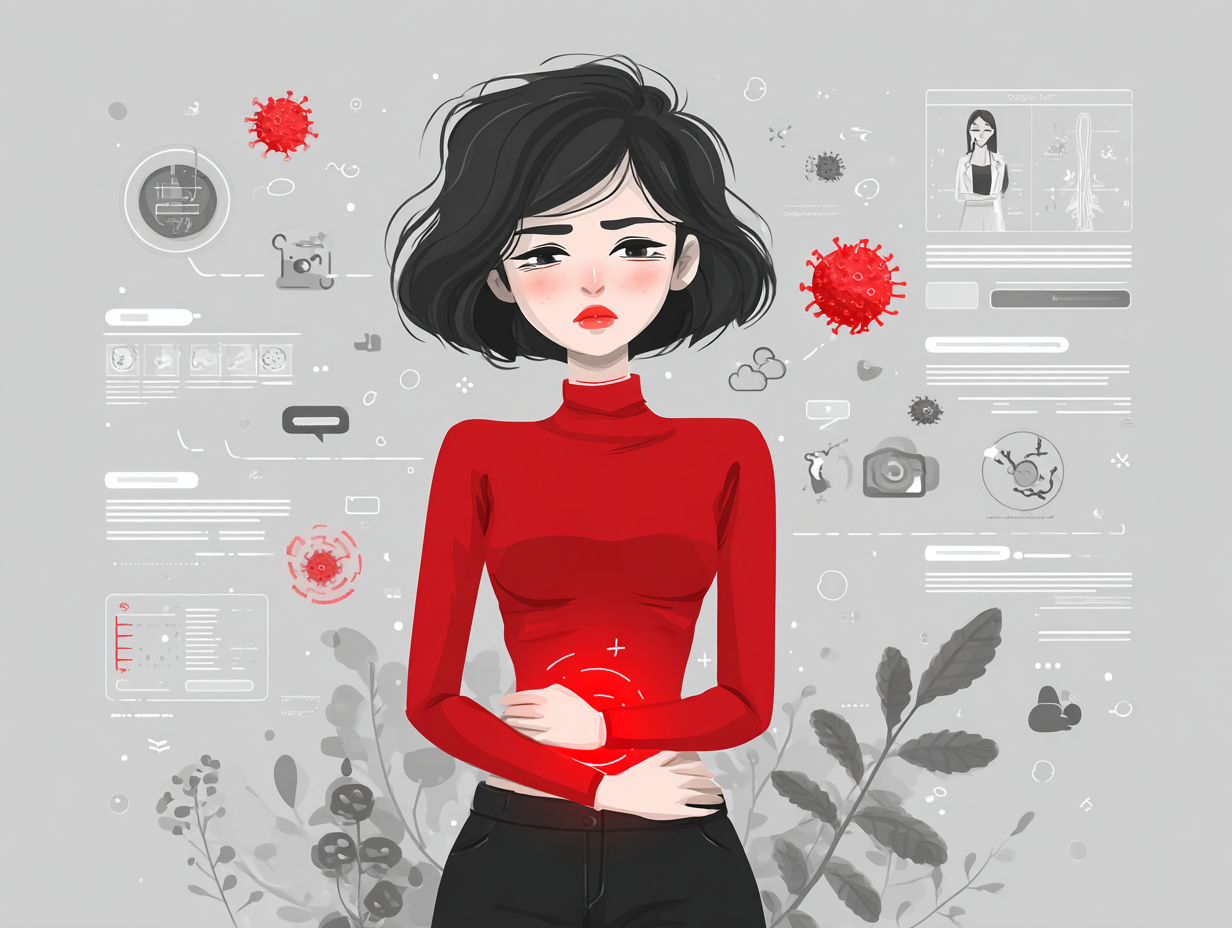 Ilustração médica de uma mulher com sinais visuais de coceira, corrimento e ardência, destacando os principais sintomas que acompanham a dor vaginal em casos de candidíase.