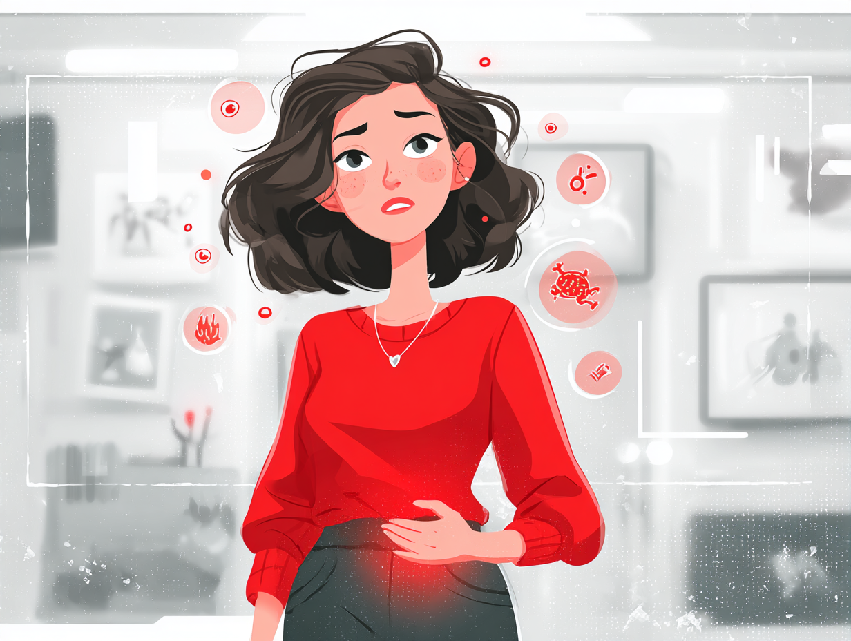 Ilustração médica de uma mulher com expressão de desconforto, com destaque na região pélvica, simbolizando os sintomas típicos da candidíase como coceira, ardência e corrimento da candidíase após menstruação