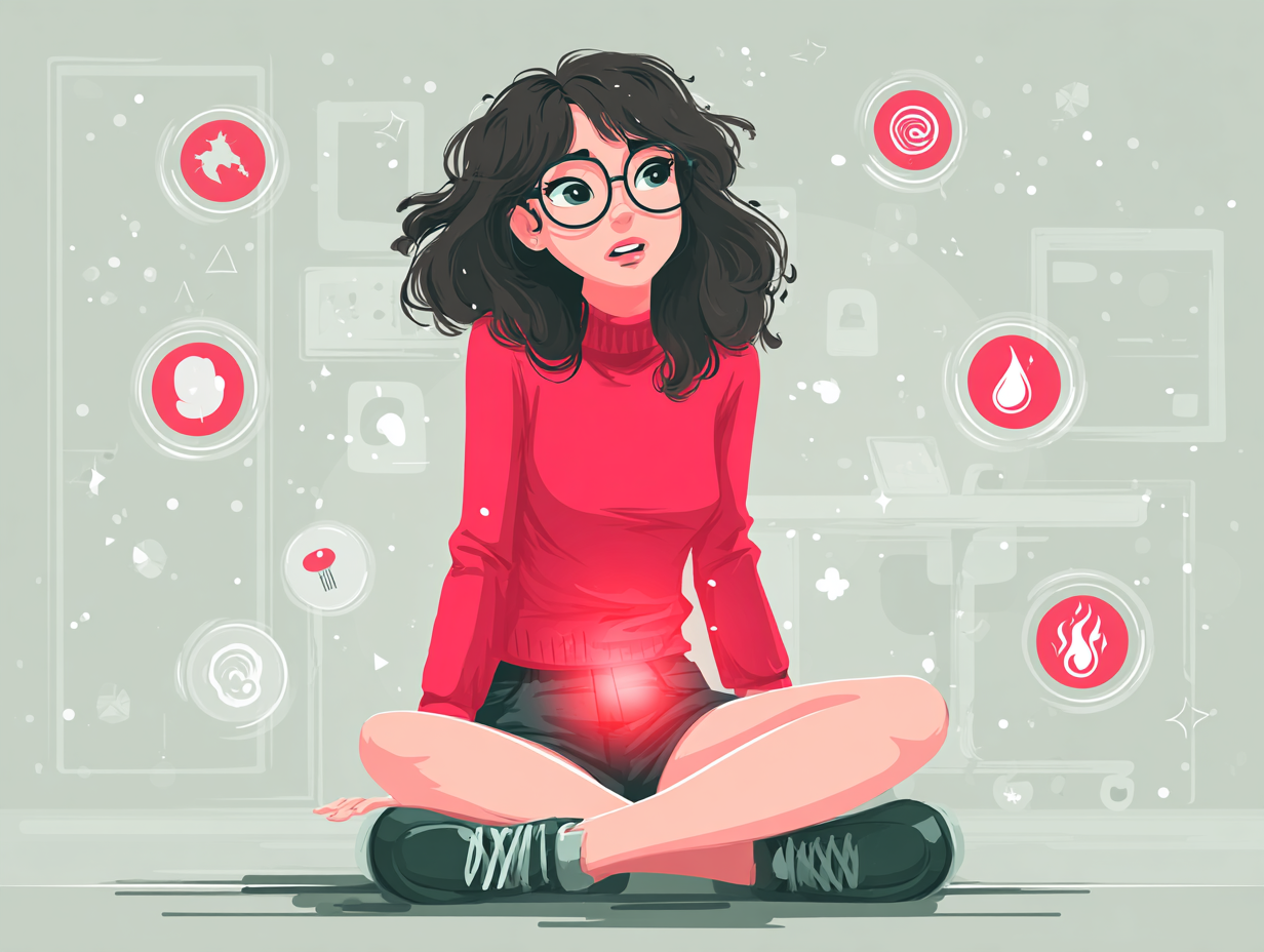 Ilustração médica de uma mulher com dor pélvica e ao redor dela ícones representando sintomas da candidíase com imunidade baixa: coceira, corrimento, fadiga e inflamação.