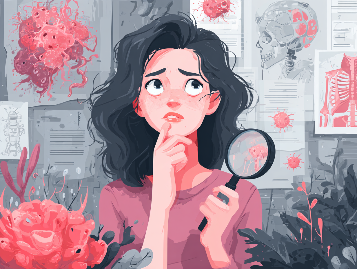 Ilustração de uma mulher observando com lupa os sintomas da candidíase, com fungo em destaque representando a infecção vaginal.