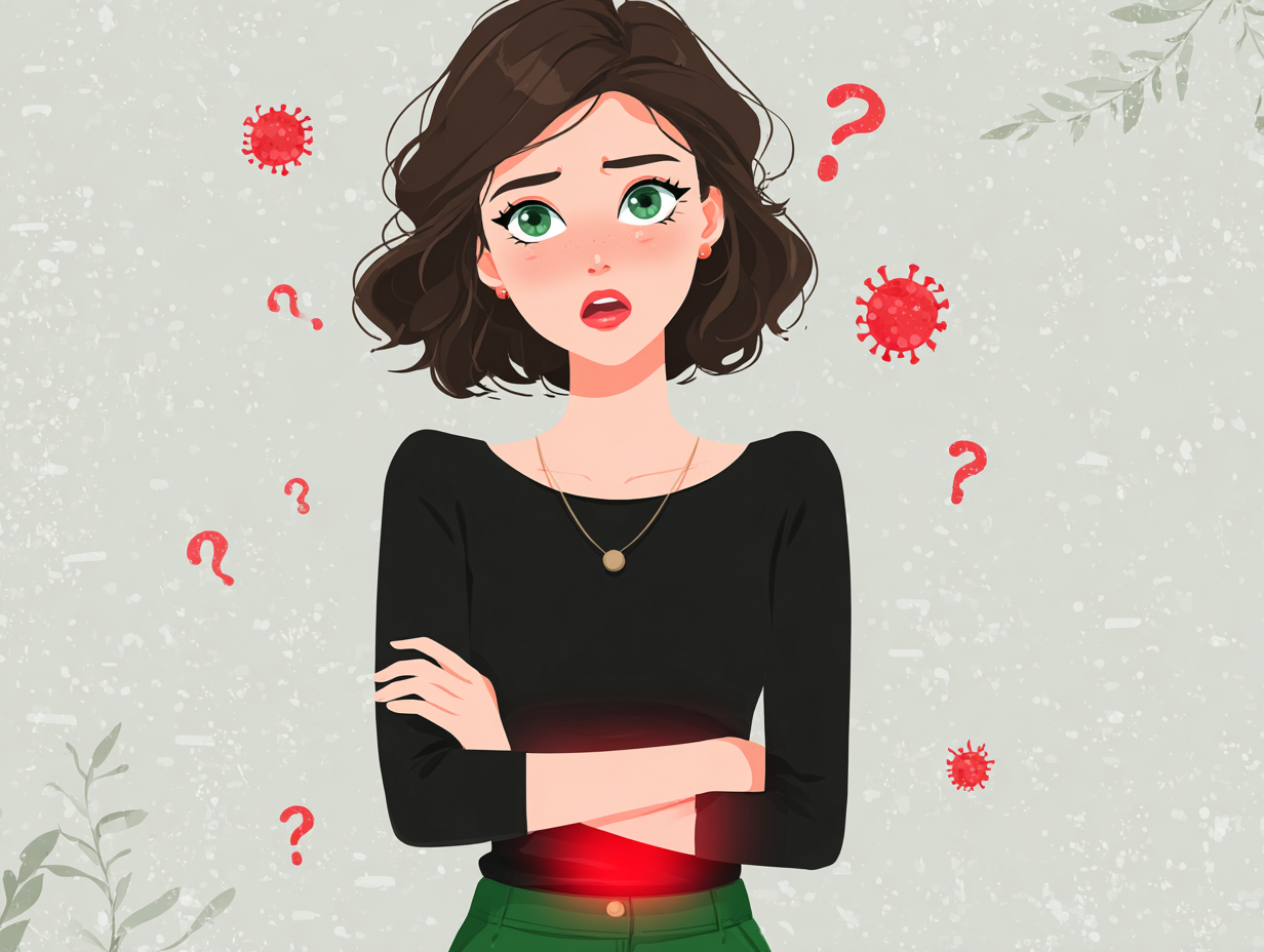 Ilustração de uma mulher com sinais de desconforto na região íntima, sem secreção visível, representando os sintomas de candidíase sem corrimento.