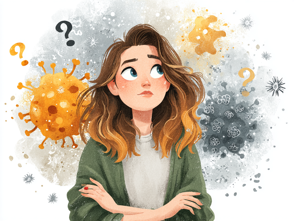 Ilustração médica de uma mulher com expressão confusa, olhando para cima entre os ícones de um fungo e uma bactéria, representando a dúvida comum entre candidíase e infecção urinária.
