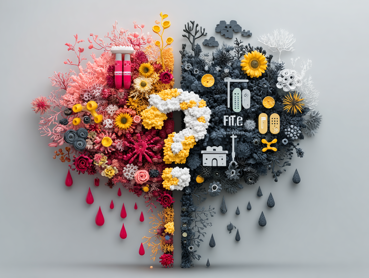 Ilustração de dois lados: um com ícones de melhora, outro com sinais de recaída na candidíase, separados por ponto de interrogação