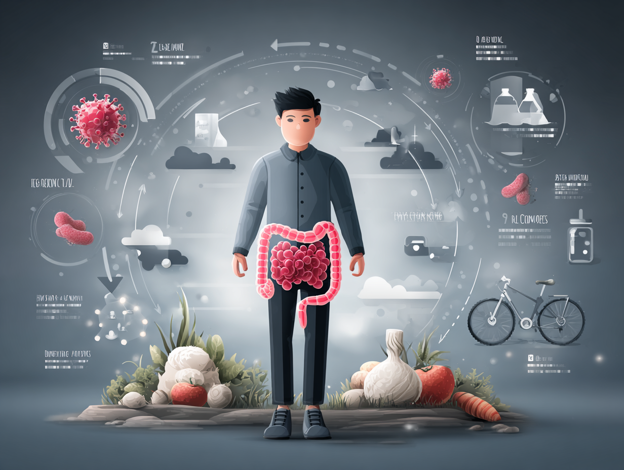 Ilustração médica da microbiota intestinal masculina com ícones de probióticos e sistema imunológico