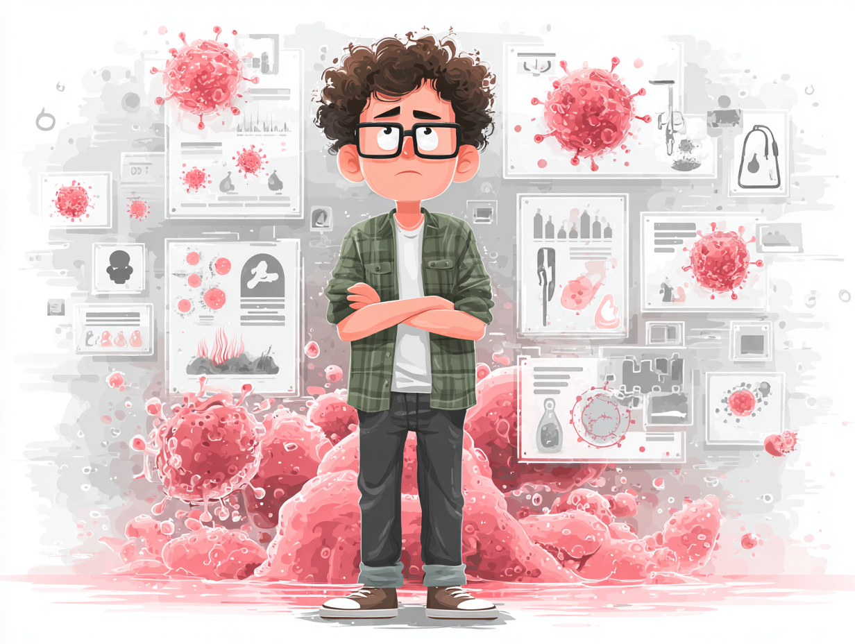 Ilustração de um homem com expressão triste e ícones ao redor representando sintomas como ardência, coceira, vermelhidão e secreção branca