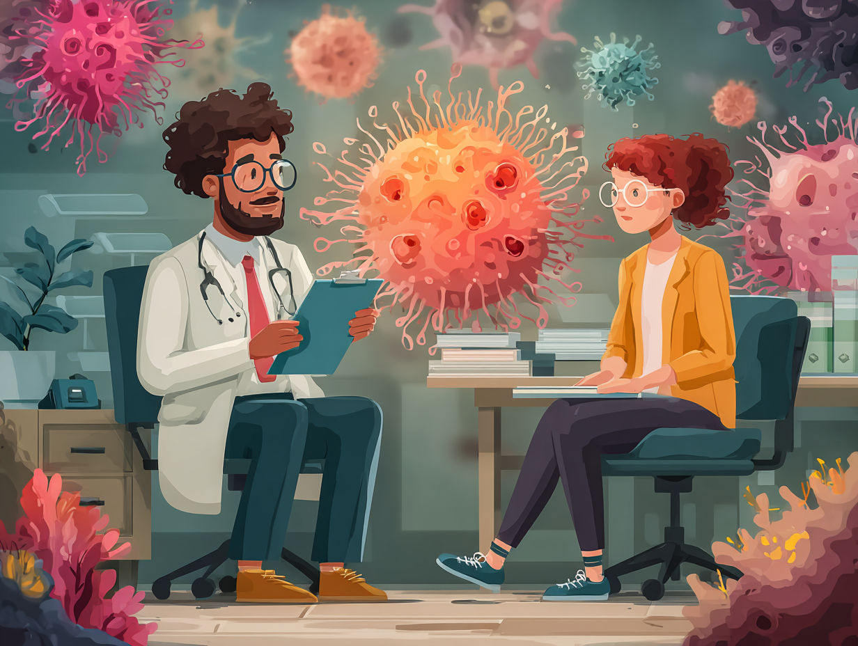 Ilustração médica de um médico explicando o diagnóstico da candidíase a um paciente, com imagem simbólica do fungo Candida ao fundo