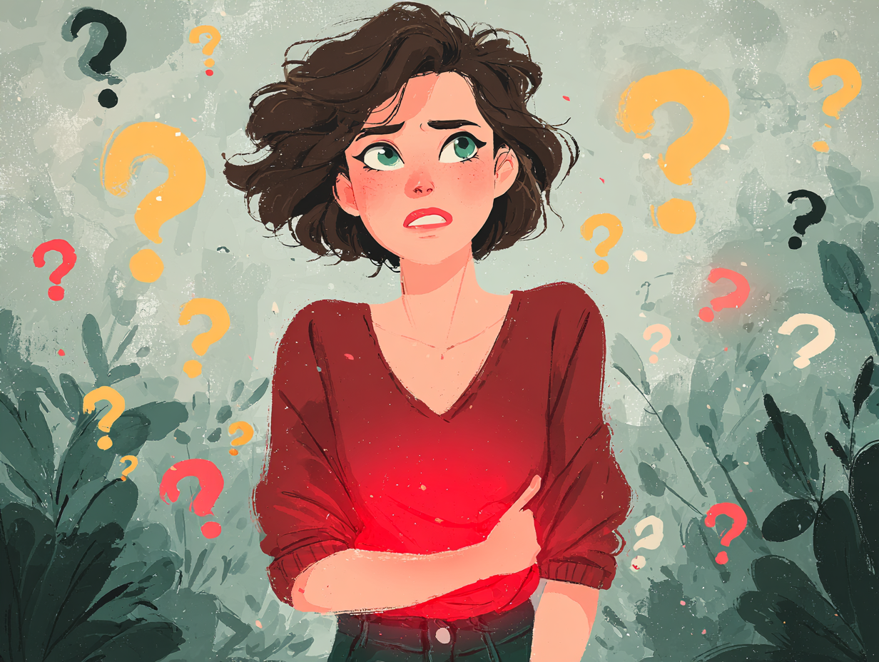 ilustração de uma mulher com dúvidas sobre os sintomas de candidíase