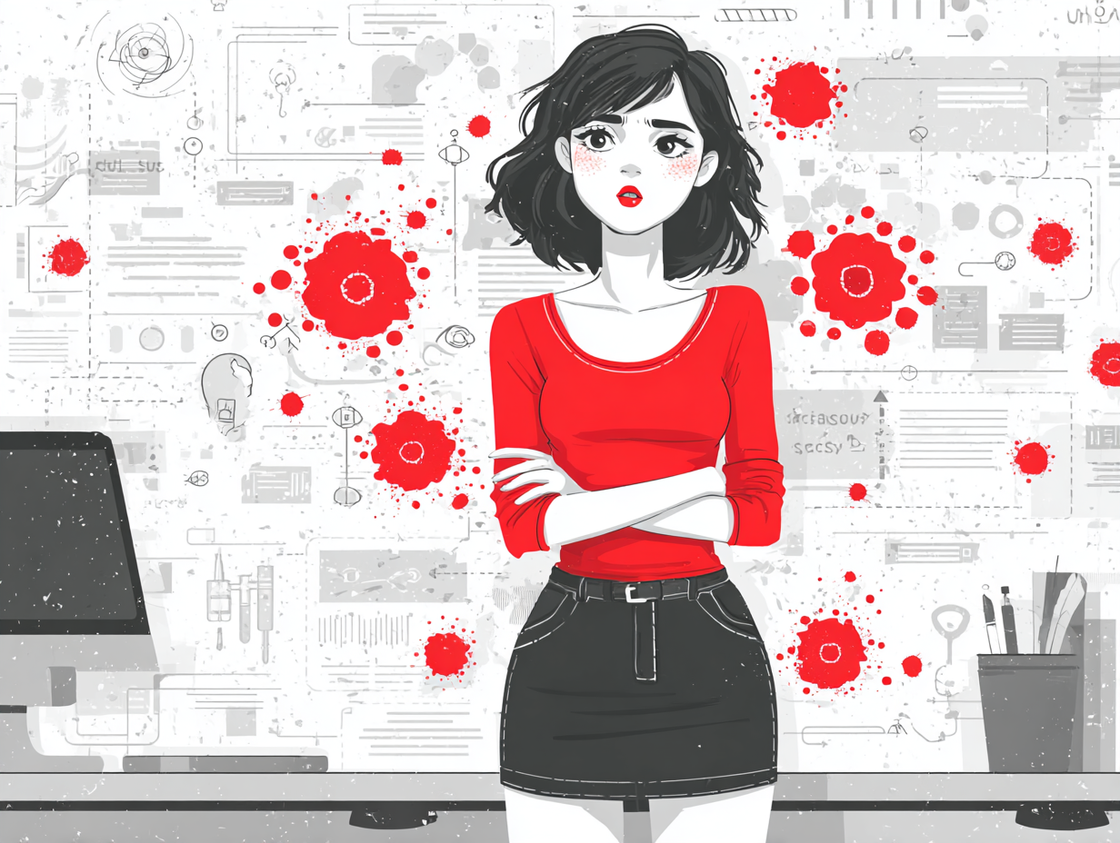 Mulher com ícones visuais ao redor representando sintomas iniciais da candidíase, como coceira, corrimento e ardência