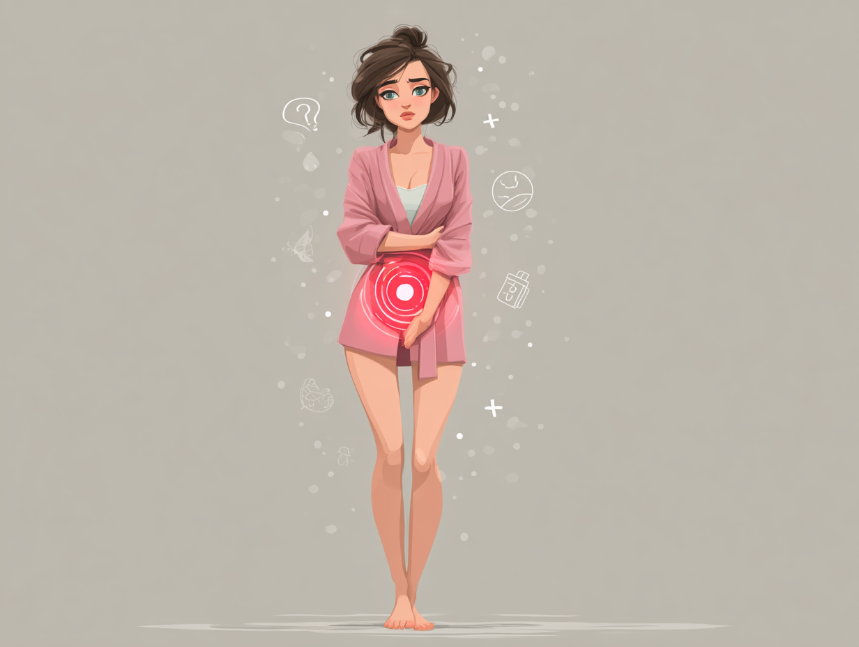 Ilustração médica de uma mulher com leve desconforto na região íntima, vestindo roupão rosa claro, com ícones visuais de sintomas como coceira, ardência e inchaço.