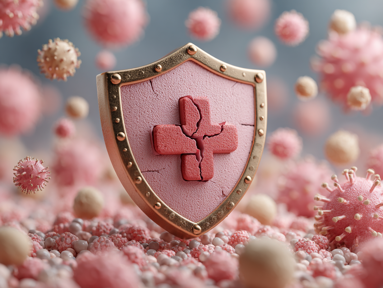 Escudo do sistema imunológico rachado sob efeito do estresse, com fungos ao redor, indicando vulnerabilidade à candidíase.