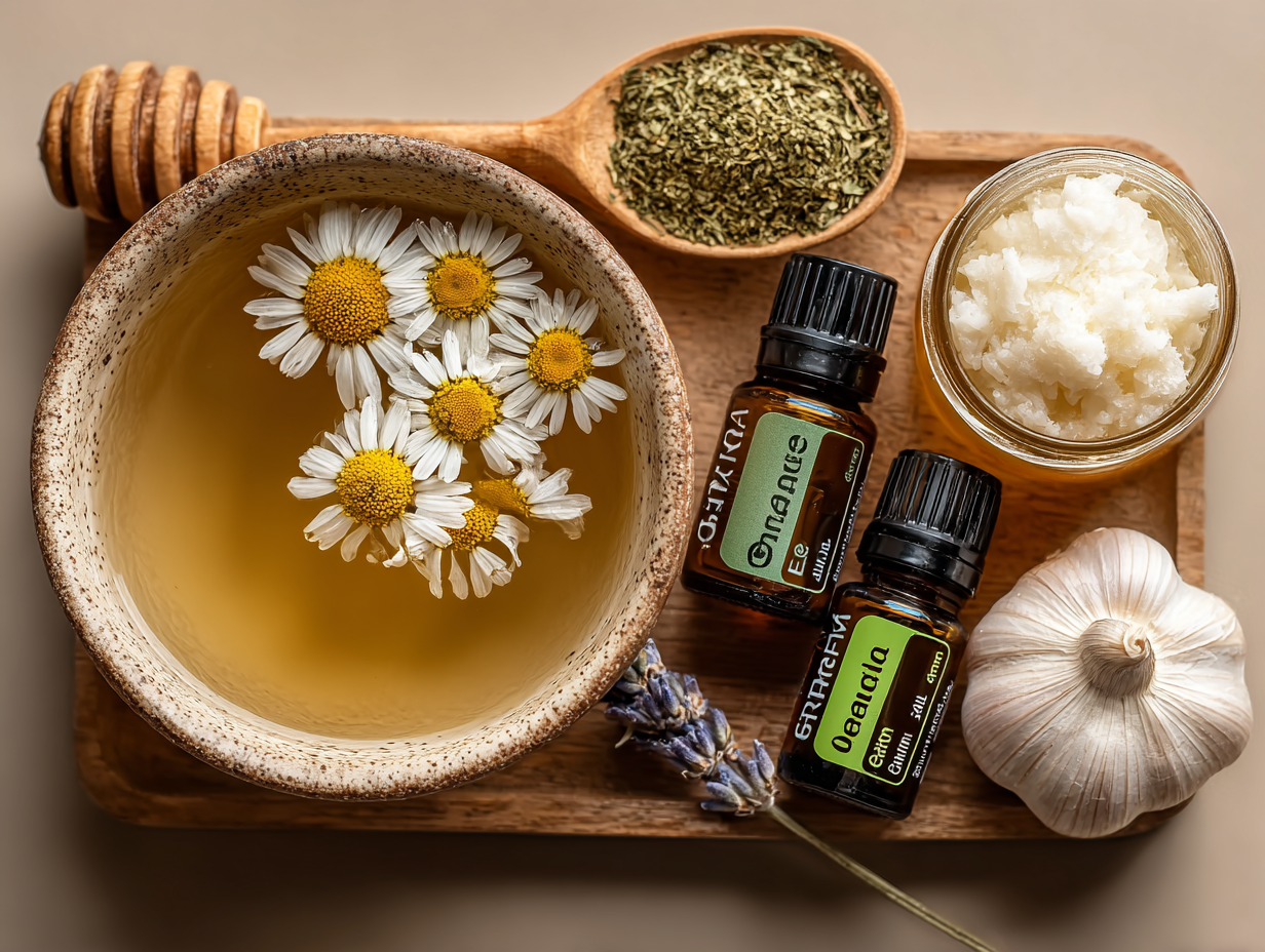 Imagem realista com soluções naturais para candidíase: bacia com chá de camomila, óleos essenciais, óleo de coco e alho sobre fundo neutro.