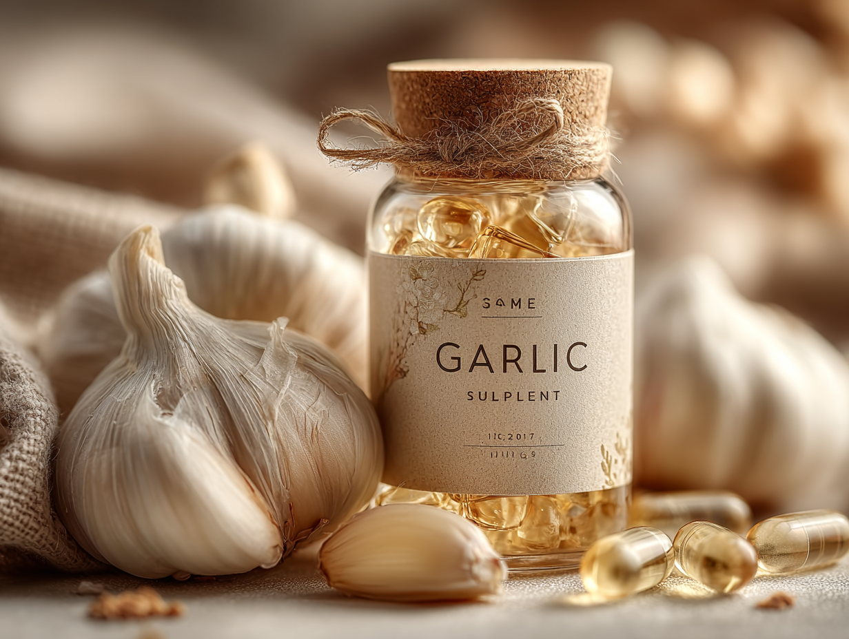Imagem ultra realista de um frasco de suplemento de alho com cápsulas ao redor e alho cru ao lado, destacando o uso funcional do alho na suplementação.