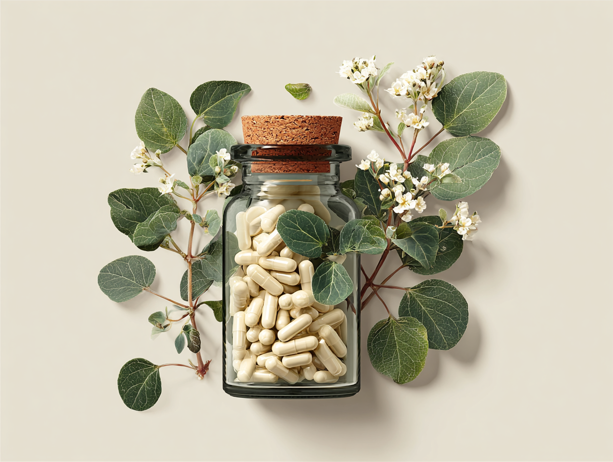 Ilustração de pote de suplemento com cápsulas de orégano, folhas ao redor, simbolizando uso funcional contra candidíase