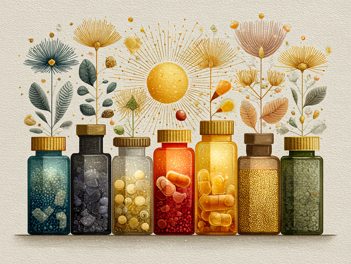 Ilustração de potes e cápsulas de suplementos contra candidíase com aura dourada e fungos ao redor, simbolizando ação antifúngica.