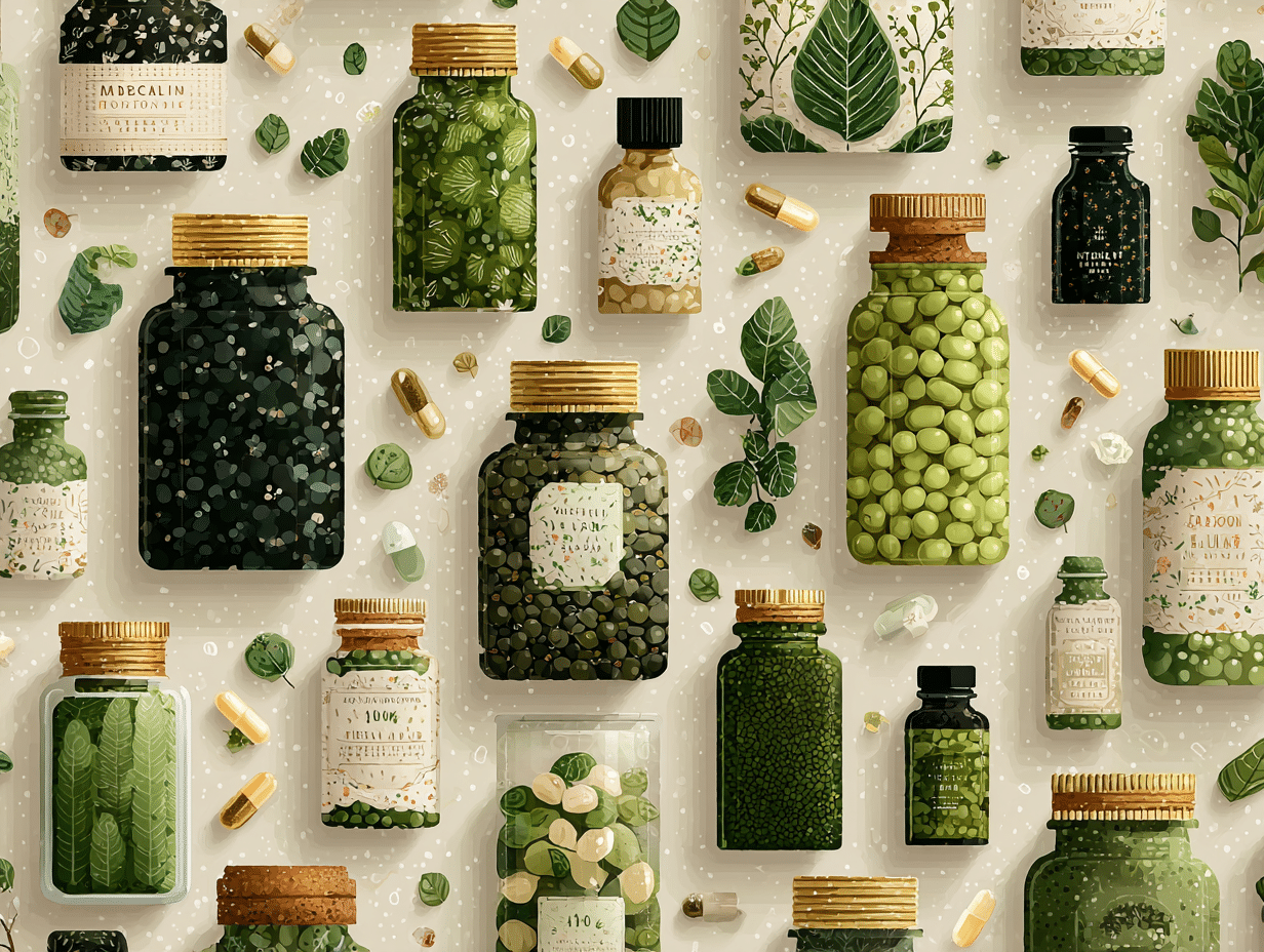 Ilustração de frascos de suplementos e ervas medicinais juntos, em estilo flat, com cápsulas e folhas ao redor.