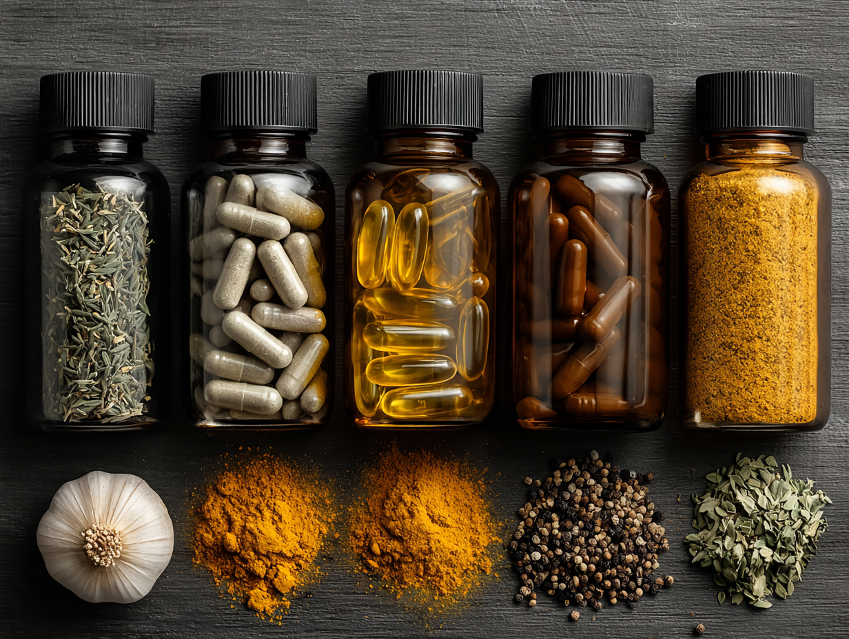 Foto realista de suplementos fitoterápicos sem rótulo com cápsulas, orégano, berberina, alho e probióticos sobre uma mesa.