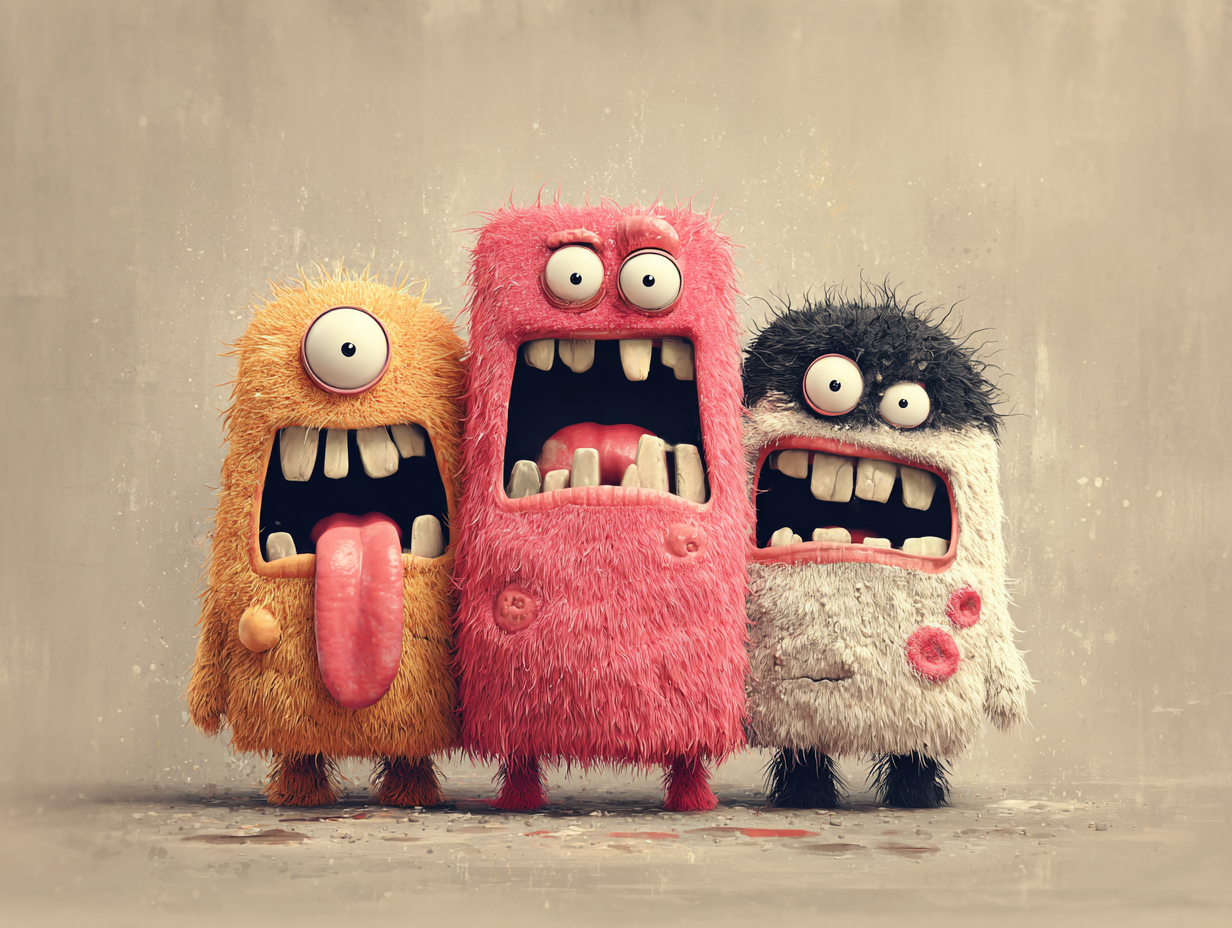 Ilustração divertida de monstrinhos coloridos representando candidíase rrecorrente