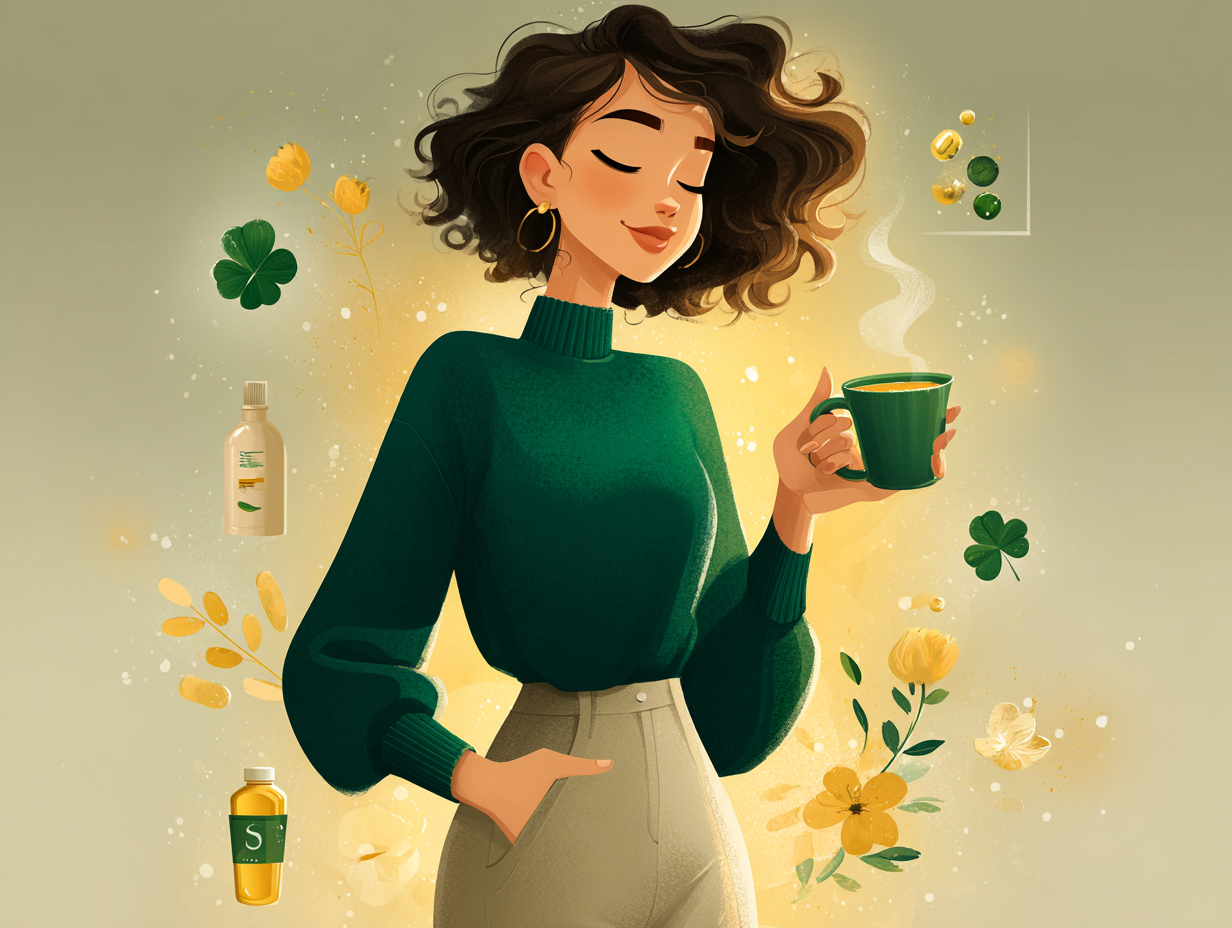 Mulher sorridente em recuperação, com luz dourada na região pélvica e elementos naturais ao redor, representando o tratamento eficaz e integrativo da candidíase com dor na relação.