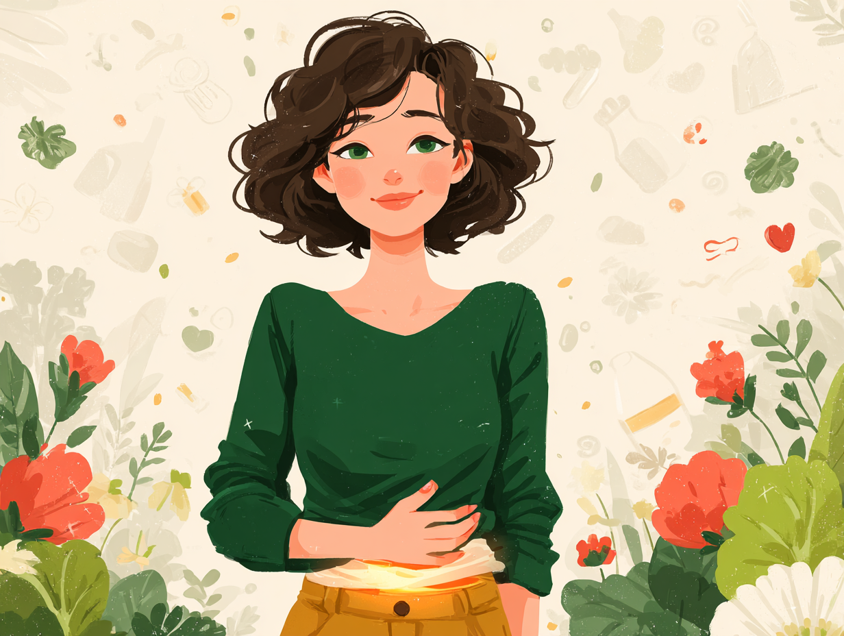 Mulher sorridente com brilho dourado na região pélvica e símbolos naturais ao redor, representando a abordagem funcional para tratar a candidíase sem corrimento.