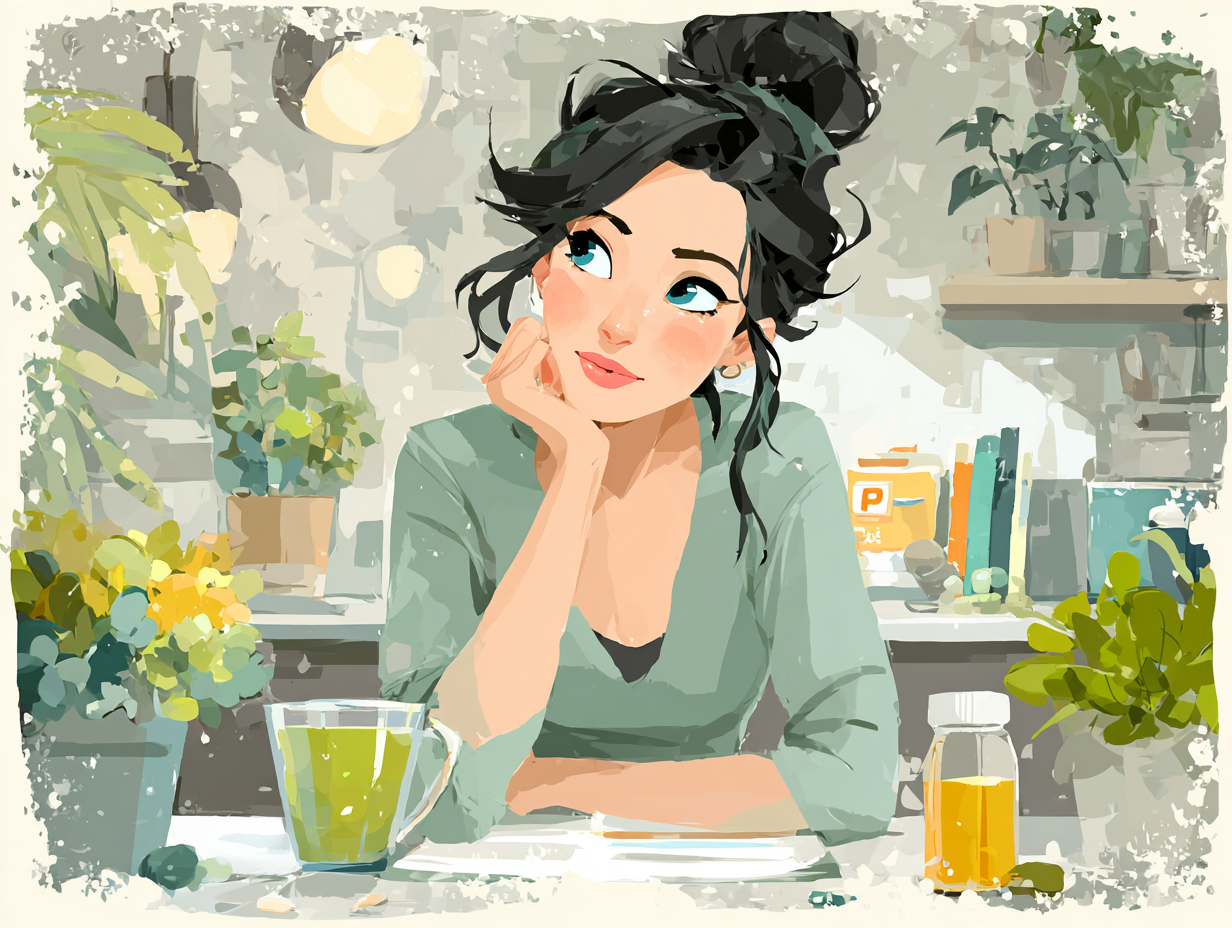 Ilustração de uma mulher tranquila tomando chá de ervas com alimentos saudáveis e suplemento natural à mesa, representando o tratamento da candidíase com apoio funcional.