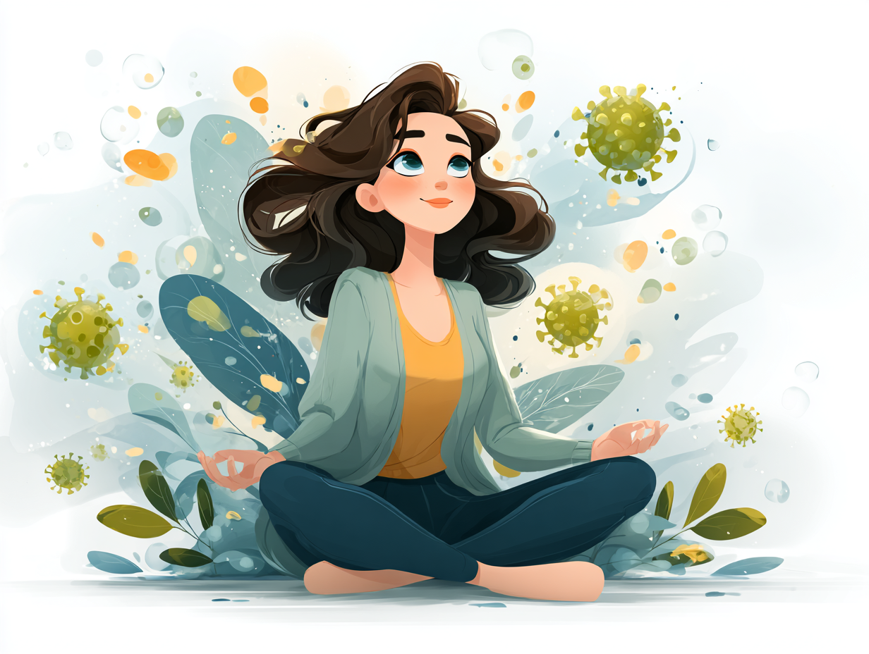 Mulher em posição de meditação com luz suave ao redor e símbolos de equilíbrio, representando o tratamento emocional para candidíase.