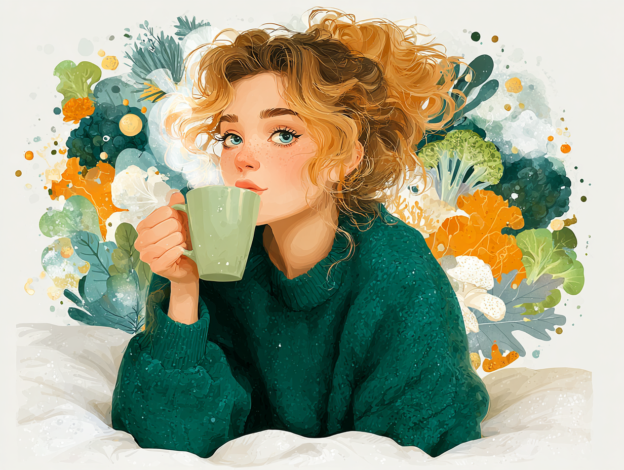 Mulher sorrindo com chá natural e elementos que simbolizam alimentação saudável, suplementação e imunidade contra candidíase.