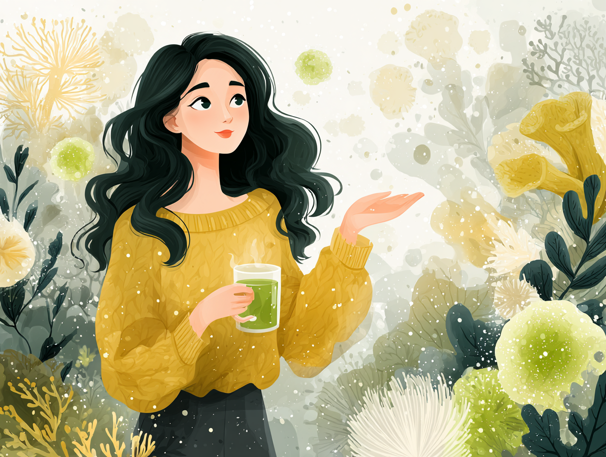 Ilustração médica de uma mulher com expressão firme segurando uma xícara de chá e fazendo gesto de ‘pare’ para o fungo Candida, representando o tratamento integrativo com suporte ao sistema imune.
