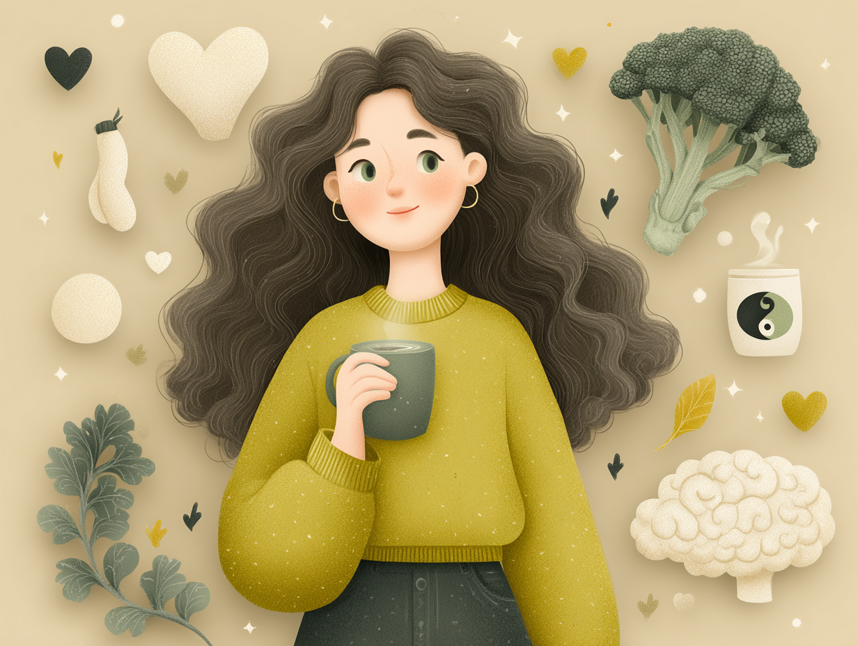 Mulher sorrindo segurando chá natural, com elementos que representam alimentação saudável, equilíbrio emocional e suporte à microbiota.