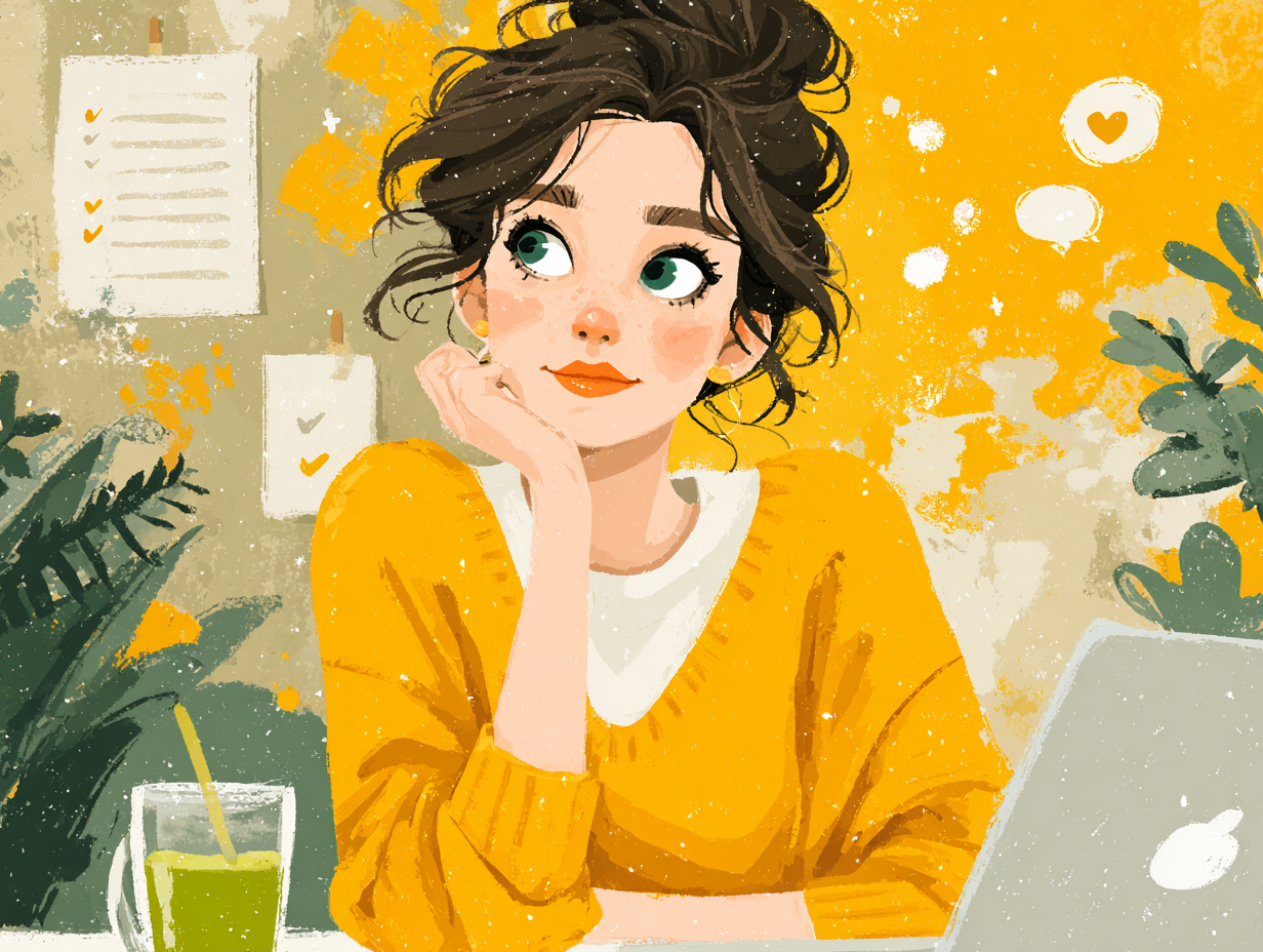 Ilustração flat de mulher assistindo a um curso sobre candidíase, tomando chá antifúngico e fazendo checklist saudável com expressão radiante