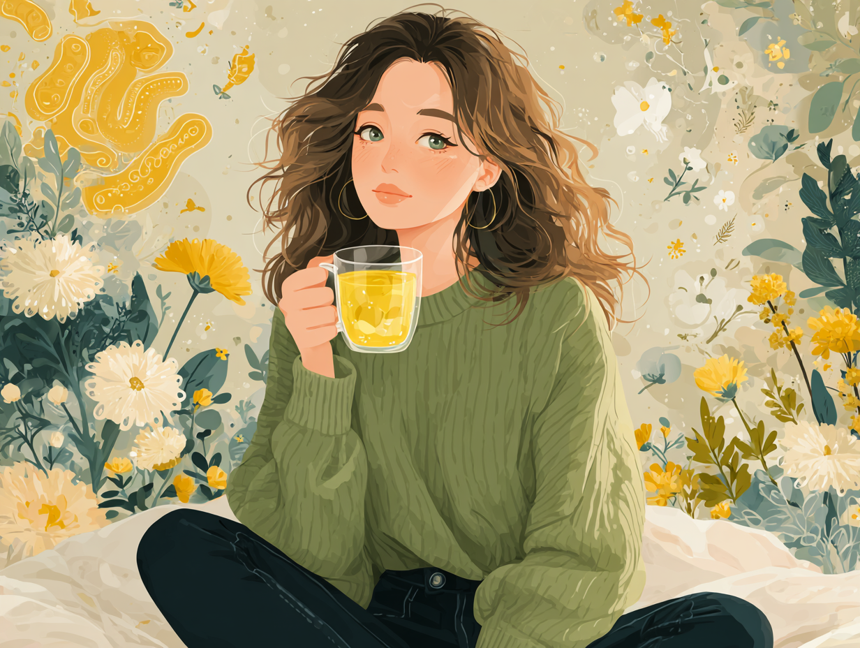 Ilustração mostrando mulher feliz com alimentação saudável, representando o tratamento e a prevenção natural da candidíase.