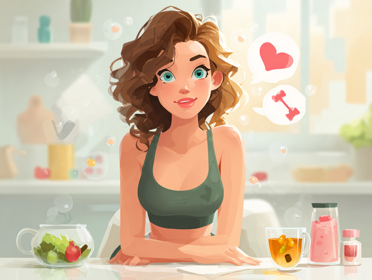 Mulher sorridente com alimentos saudáveis e chá, representando prevenção da candidíase com estilo de vida funcional.