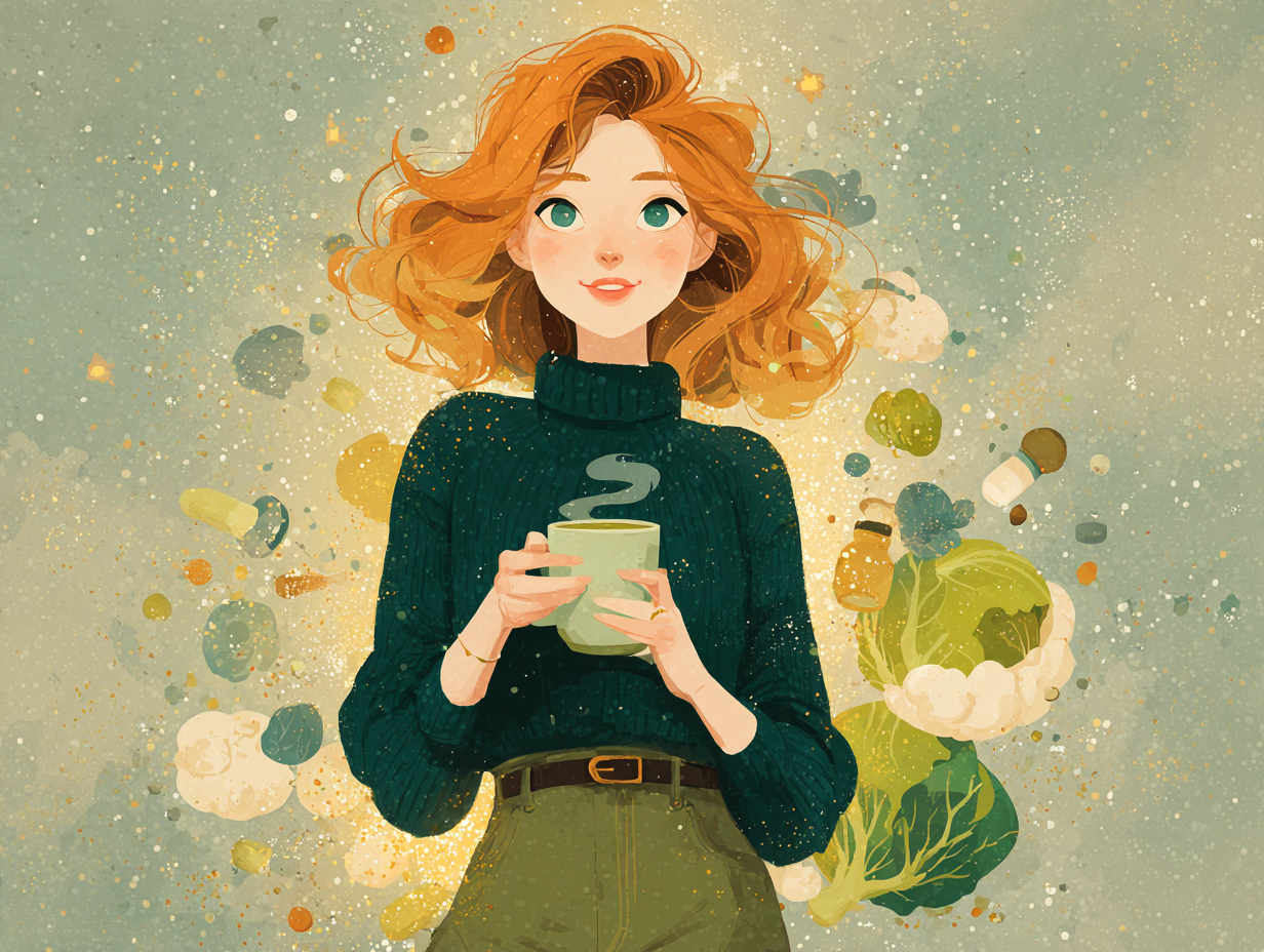 Mulher ruiva sorridente com aura dourada no abdômen, tomando chá e rodeada por alimentos naturais e suplementos que ajudam a prevenir a candidíase.