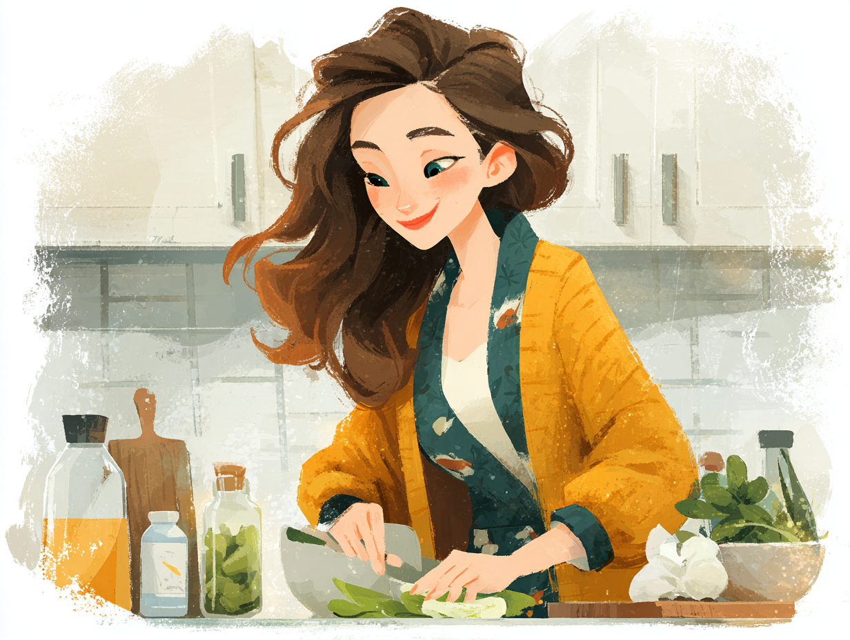 Mulher feliz preparando alimentos saudáveis e usando probióticos, representando o tratamento funcional da candidíase hormonal