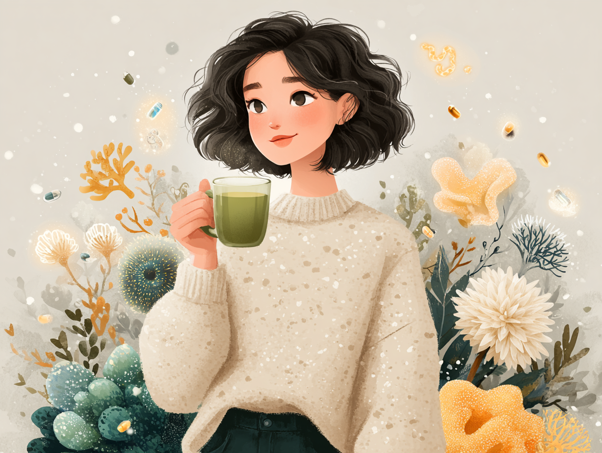 Mulher feliz se alimentando de forma saudável com probióticos e chás naturais, representando tratamento funcional para candidíase ou vaginose.